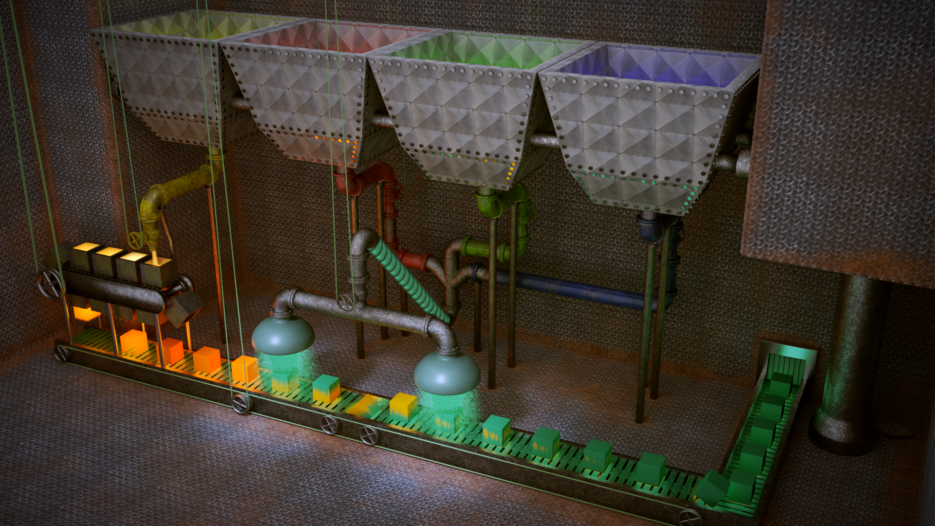 3D rendering. In the background there are four tanks holding coloured liquid, from left to right yellow, red, green and blue. Glowing liquid from the yellow tank is poured into cube molds, the cast cubes are then put onto a conveyor belt and darken as they cool. The other three tanks are connected together, the pipe coming out of their junction is transparent and visibly contains cyan fluid. That fluid is then sprayed onto the cubes on the transport belt. There are two spray showers, in between the cubes are rotated.